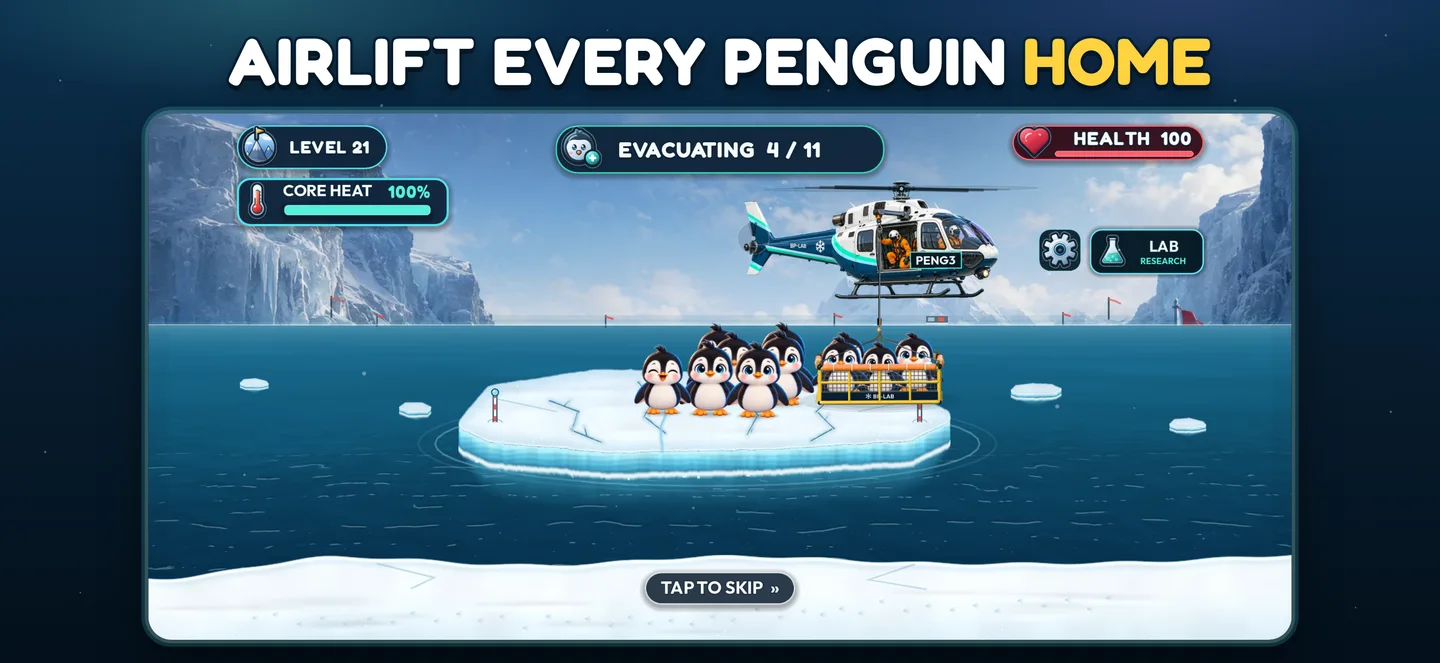 A rescue helicopter airlifting penguins to safety