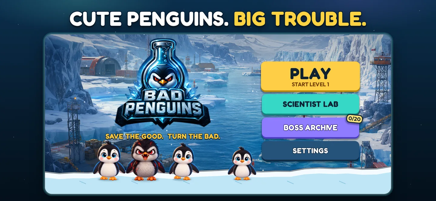 Bad Penguins title screen with the research base and penguin crew