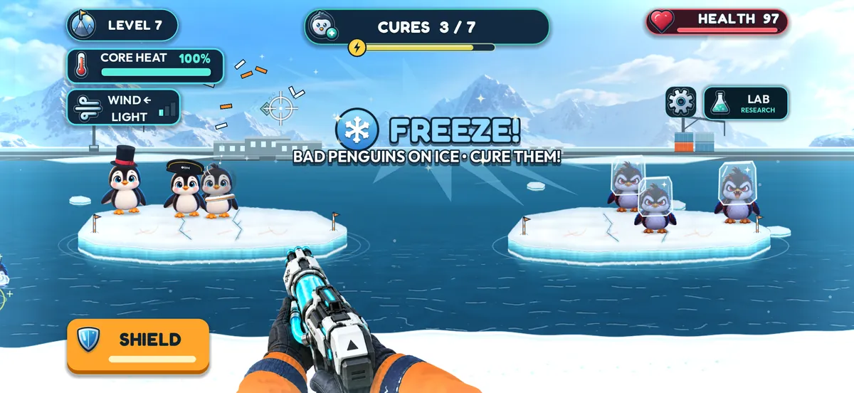 A FREEZE! power-up turns infected penguins to ice