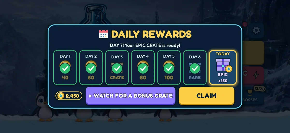The 7-day Daily Rewards calendar with an epic crate on Day 7