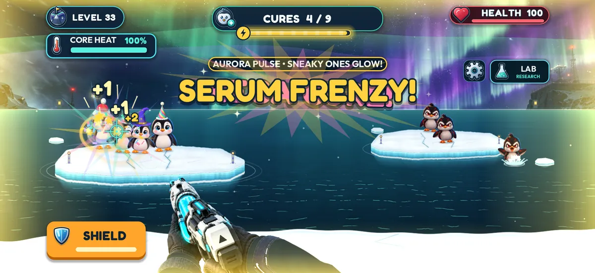 The SERUM FRENZY! banner as the injector powers up