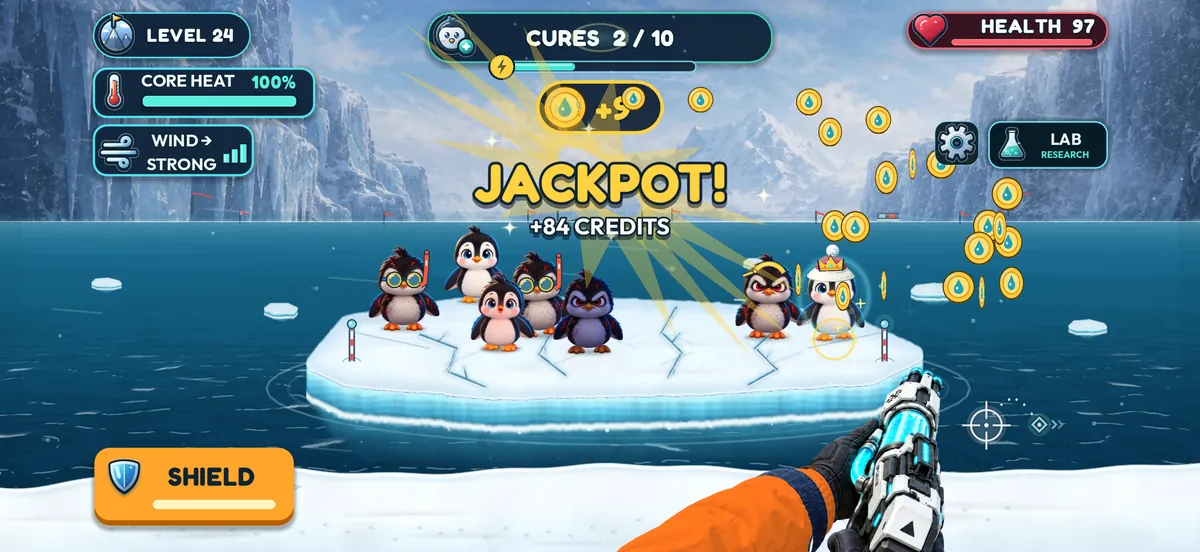 Coins burst across the ice for a JACKPOT!