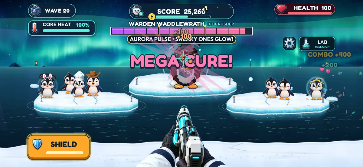 Penguin Panic wave 20: a visiting boss and a MEGA CURE! on the ice